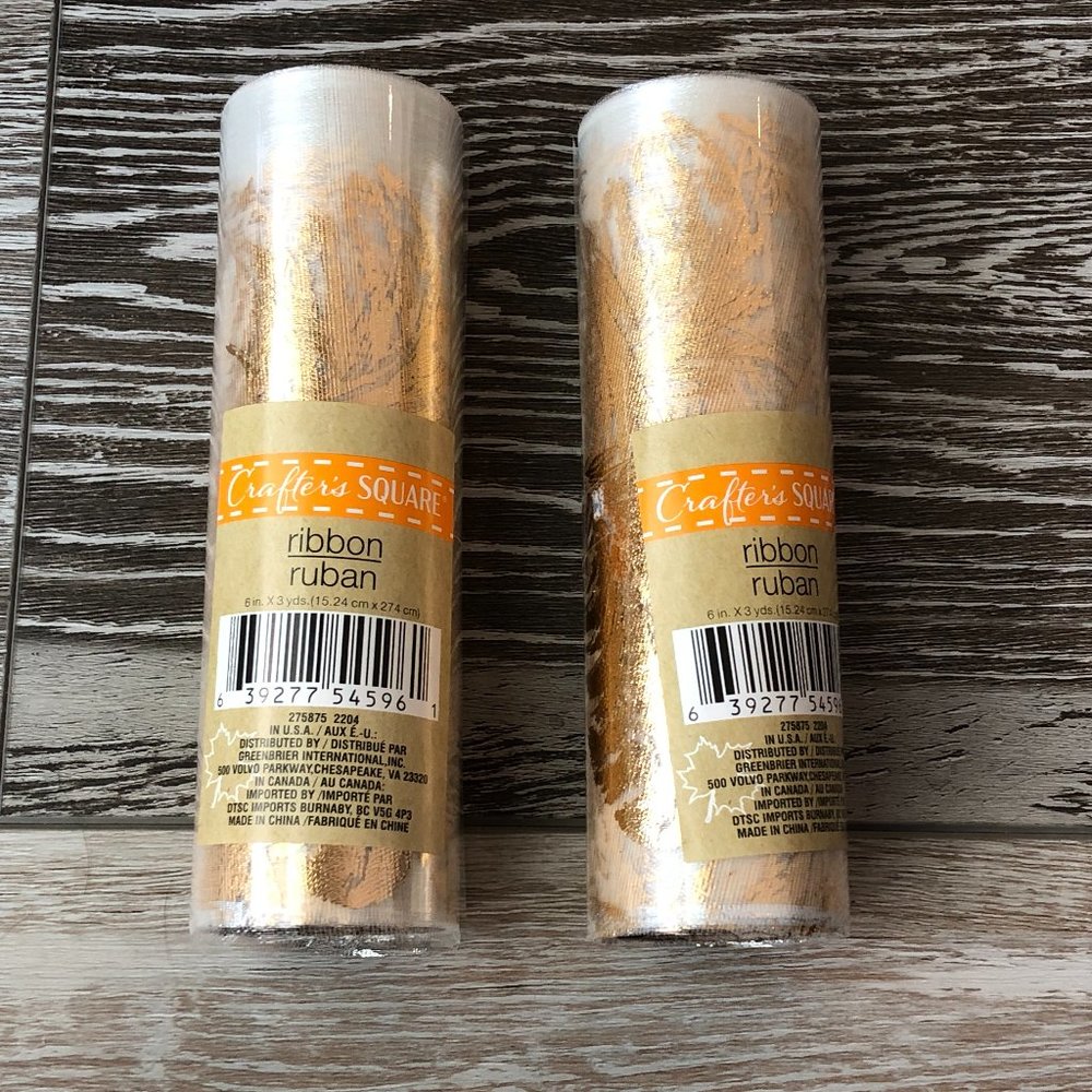 NIP! 2 Rolls Beautiful Sheer White Ribbon w Metallic Gold Feathers 3 yds ea